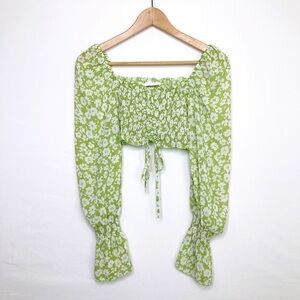 Native daughters, green floral, smocked cropped, sheer top